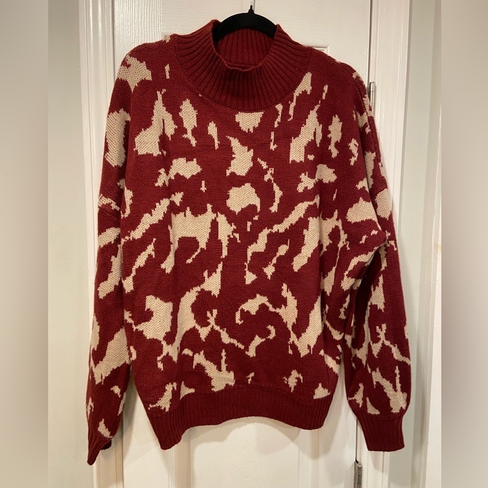 NWT New Directions Red Tan Camo Mock Neck Very Soft Oversized Sweater Size XL